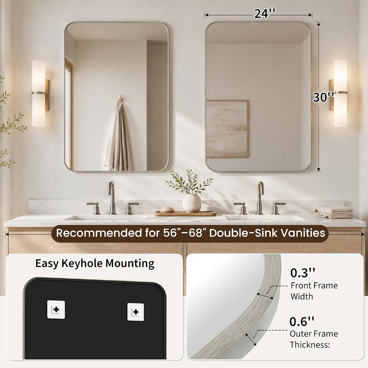 2-Pack 24x30 Inch Brushed Nickel Rounded Rectangle Vanity Mirrors