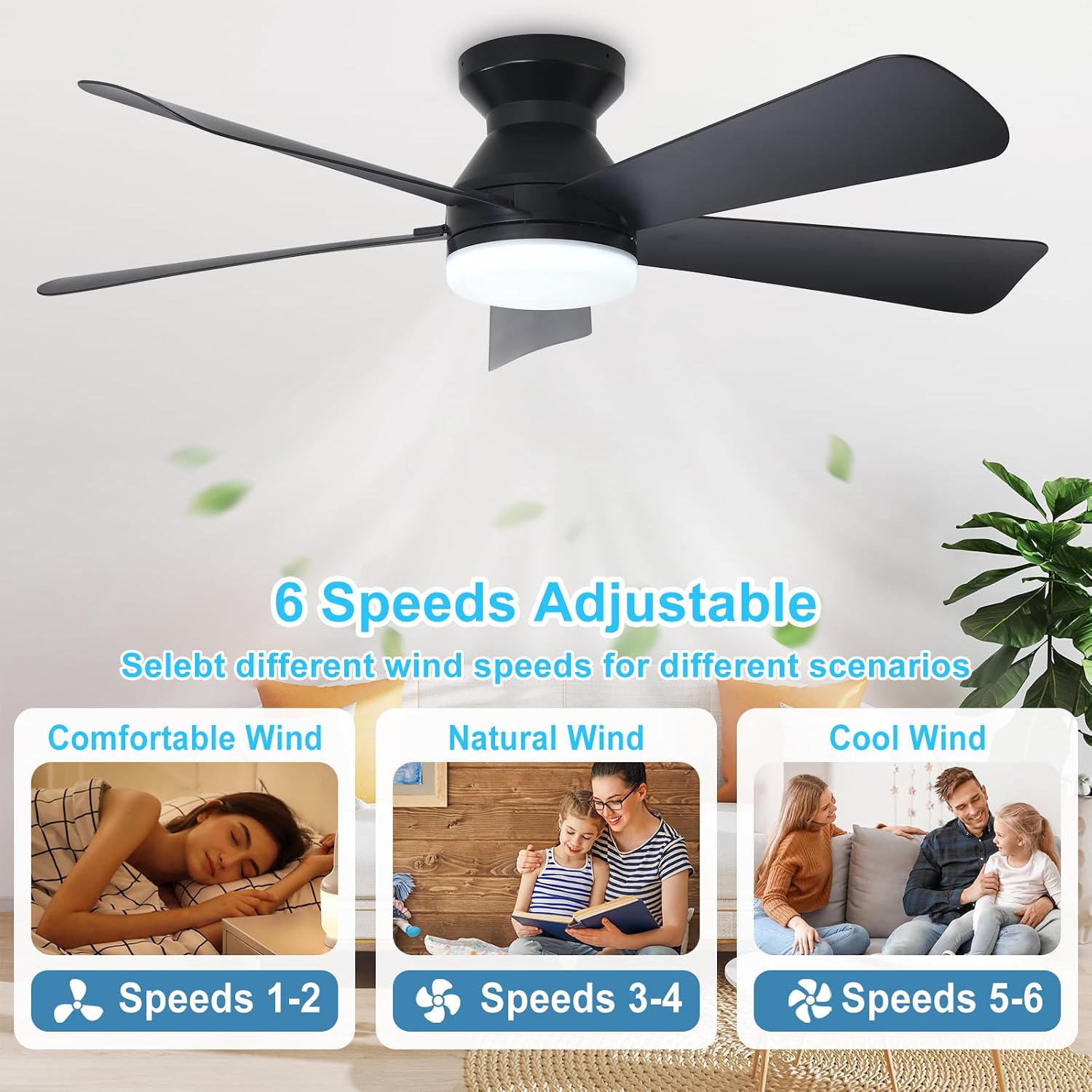 Depuley Modern Ceiling Fan with Light: 42-Inch Black Small Fans for Bedroom Indoor Outdoor - Dimmable Low Profile Ceiling Fans with Remote Control Flush Mount 5 Reversible Black Blades 6 Speeds Timer