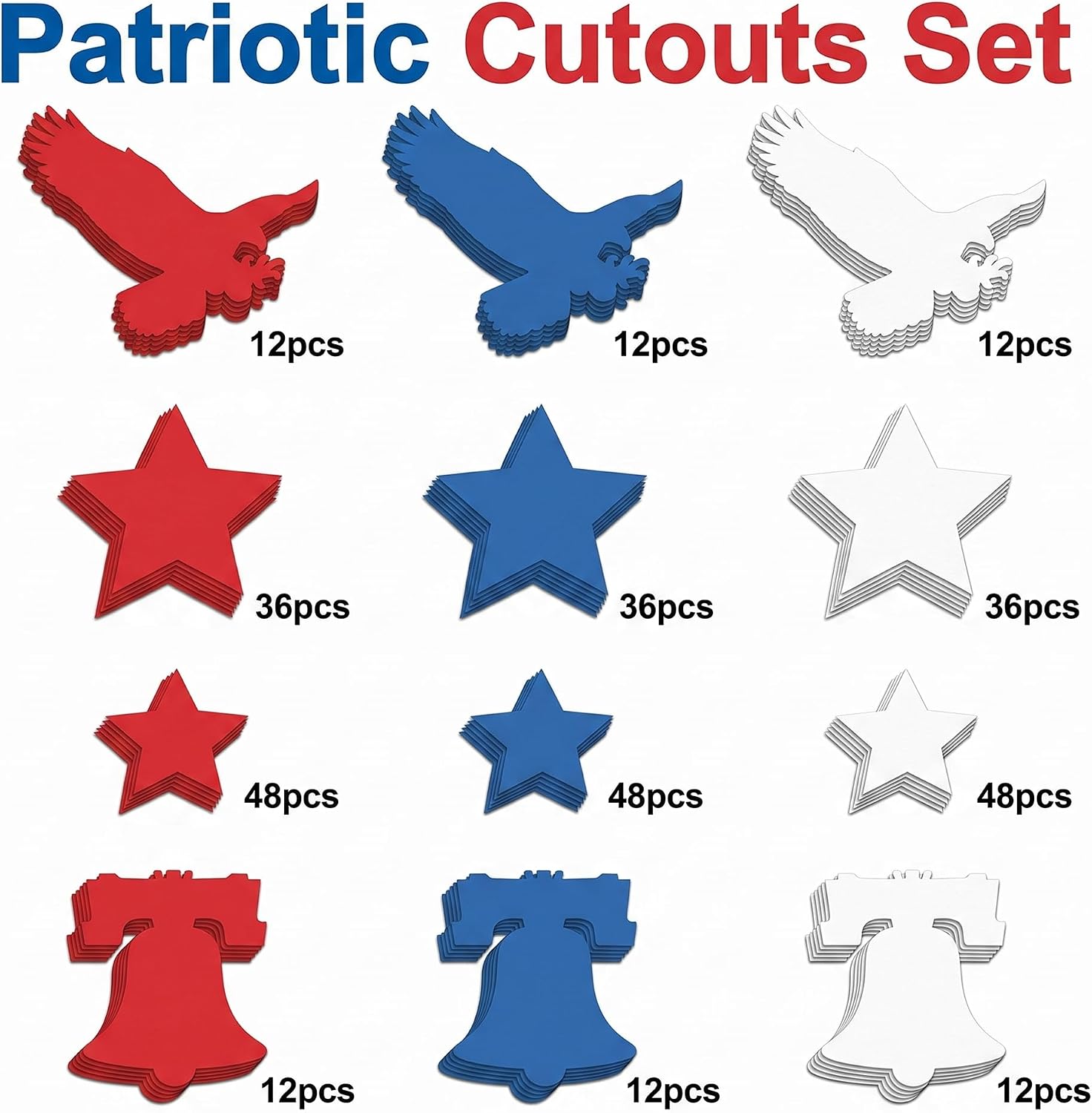 4th of July Decorations - 324 PCS Red White Blue Paper Star Eagle Liberty Bell Shape Cutouts Pre-Cut Set - Fourth of July Accessories, Patriotic Party Supplies Decor,250th Anniversary USA Merchandise