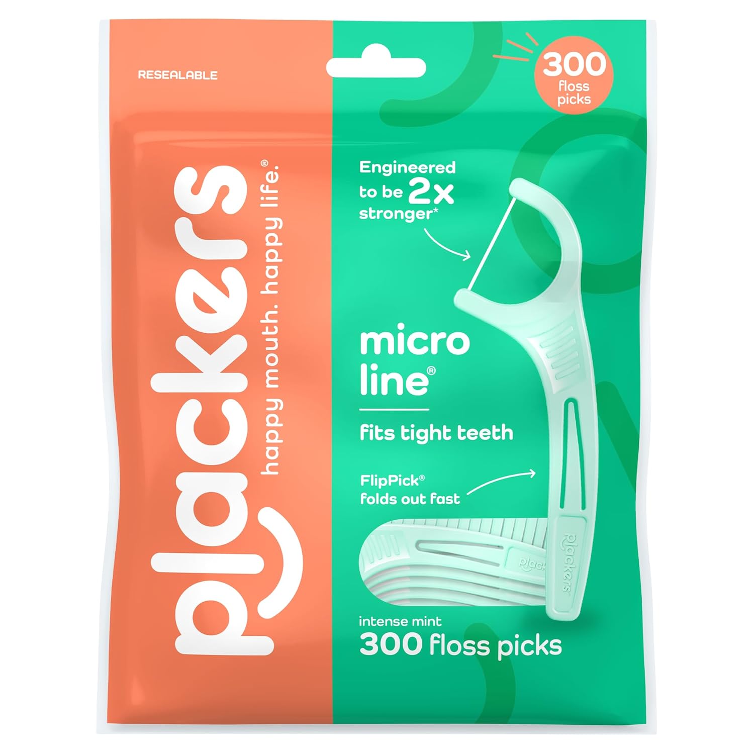 Plackers Micro Line Floss Picks, Intense Mint, 300 Count