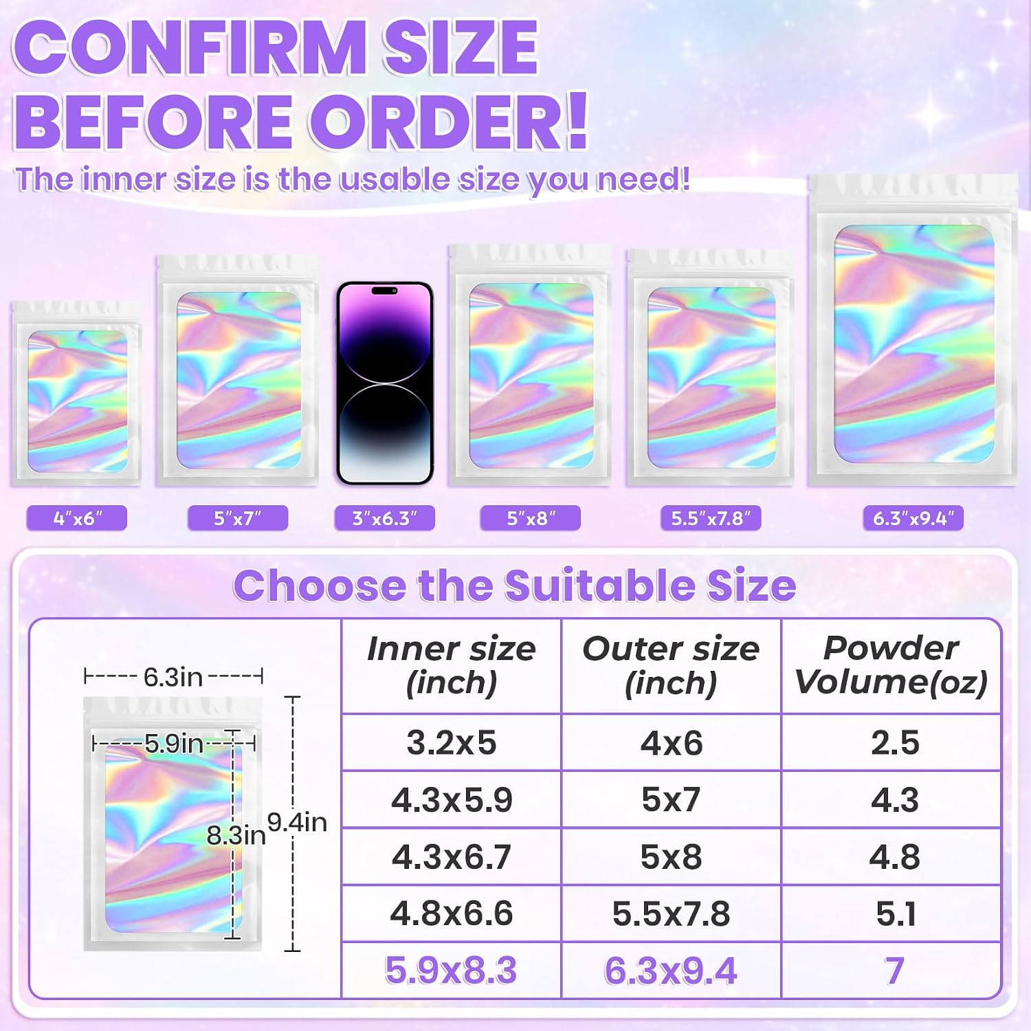 ANZNKU 100PCS Holographic Bags Large White Mylar Bags Resealable, 6.3x9.4 Smell Proof Packaging Bag Snack Pouches Goodie Baggies for Candy Jewelry Graduation Party Favors Gifts, Bag for Small Business