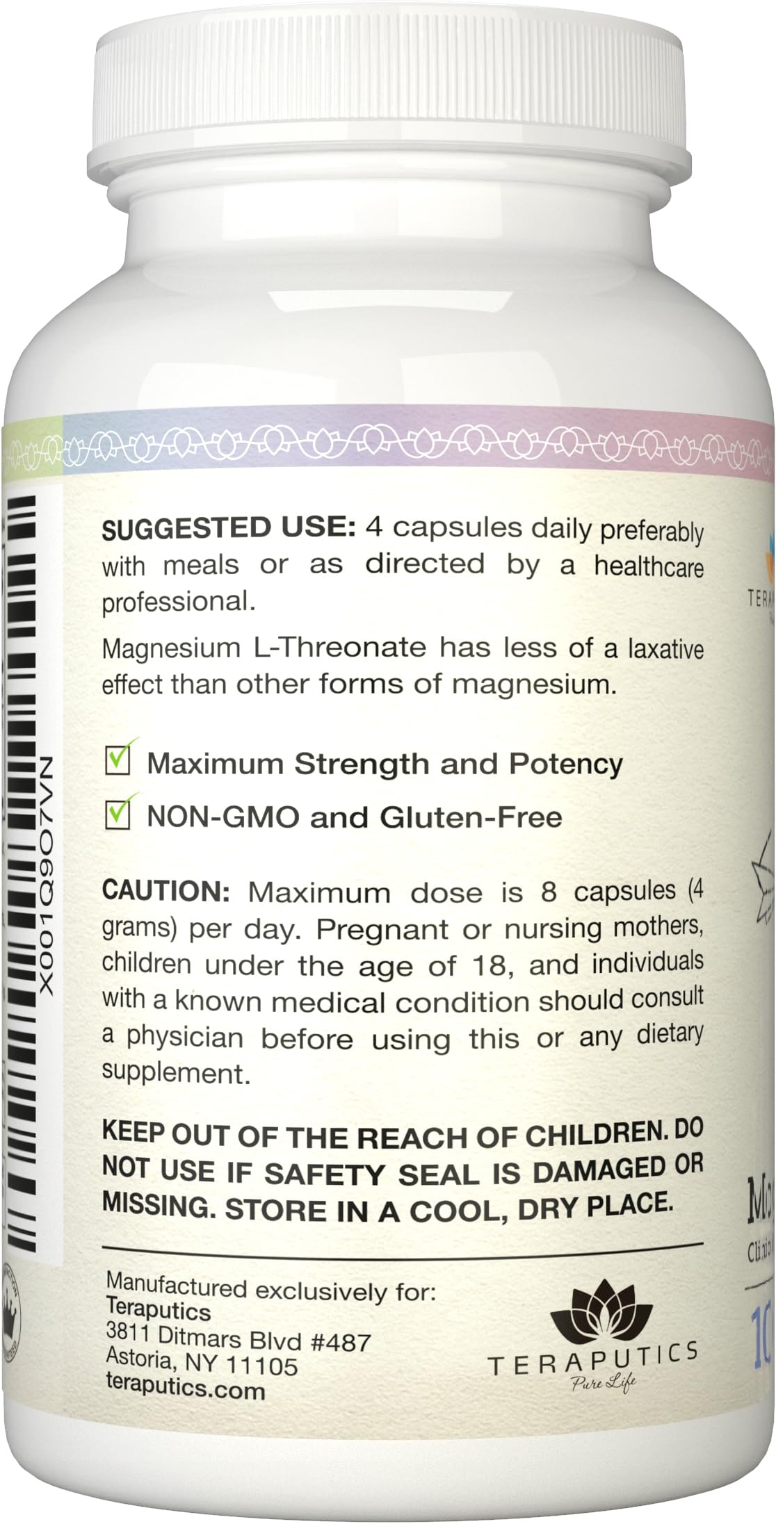 Magnesium L Threonate (Original Magtein Formula) - 2000 mg 100 Vegan Capsules Non-GMO Highly Absorptive Pure Supplement A Vitamin for Cognition Pills are Without Laxative Properties