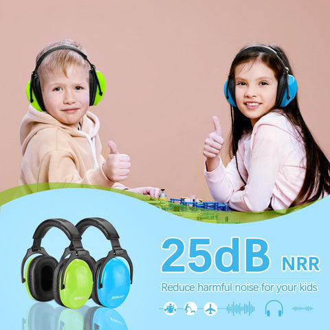 ZOHAN Kids Ear Protection 2 Pack, 25dB NRR Noise Cancelling Headphones for Kids, with Pillowy Pads, for Monster Truck, School, Autism, Sensory, Fireworks, Concerts, Events (Blue+Green)