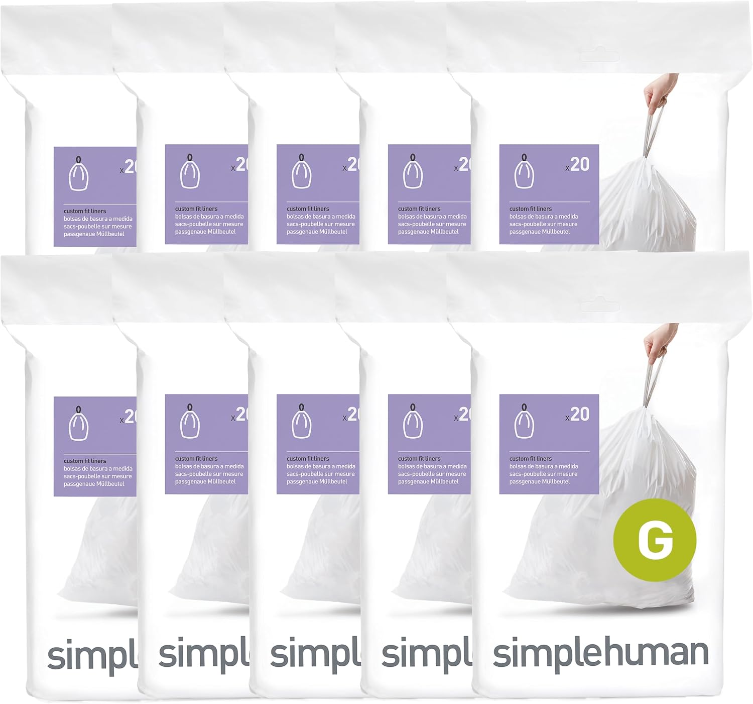 simplehuman Code G 200 Count Custom Fit Liners, Drawstring Kitchen Trash Bags, One-by-One Mess-Free Dispense, Extra Thick & Double Seamed, 50% PCR Plastic, 30 Liter / 8 Gallon, White