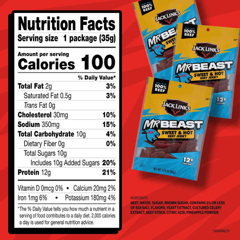 Jack Link's MrBeast Sweet & Hot Beef Jerky - (10 Pack) 1.25 oz | Bag - Ready to Eat Protein Snacks - 12g Protein per Serving - Made with 100% Real Beef