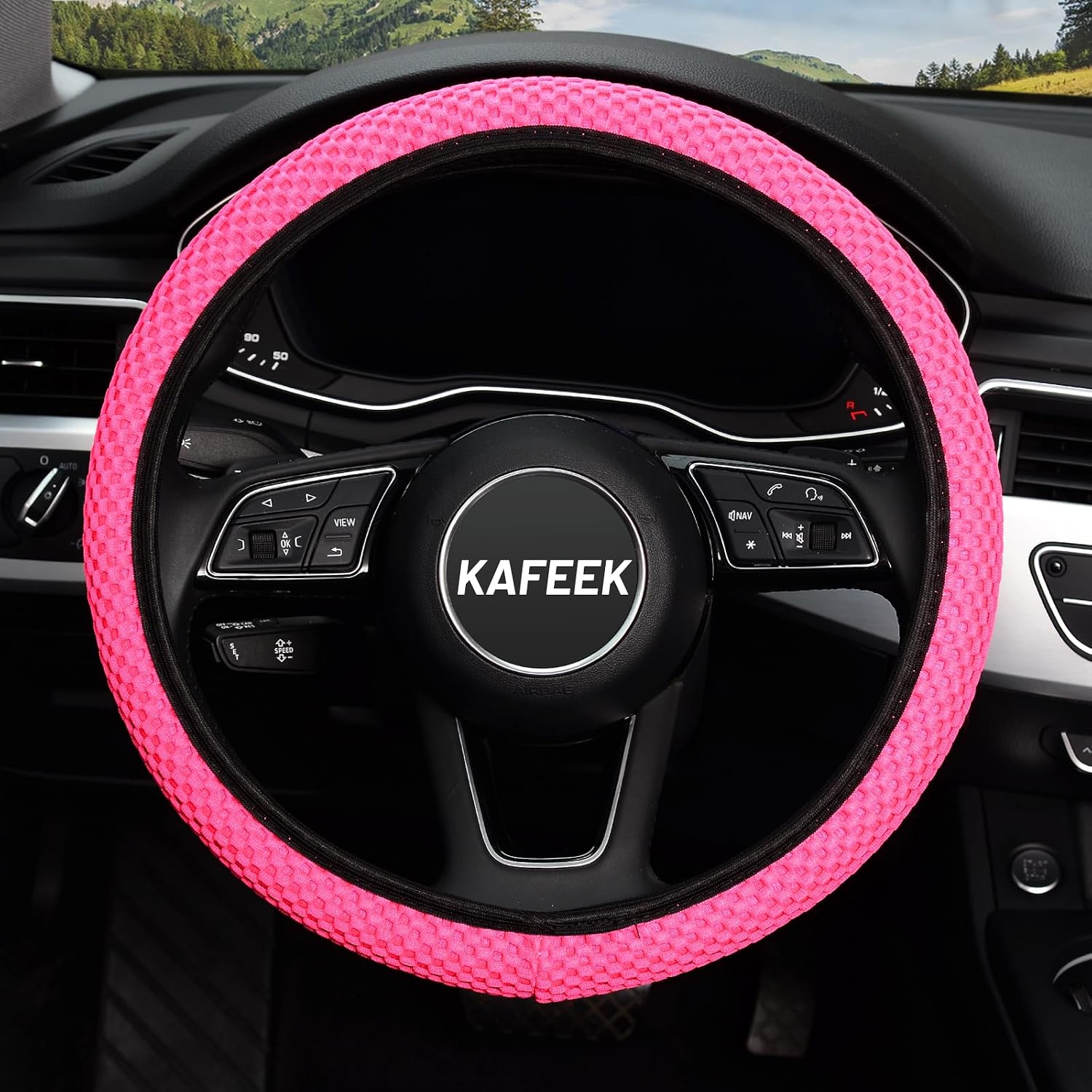 KAFEEK Elastic Stretch Steering Wheel Cover, Universal 15 Inch, Rose Red
