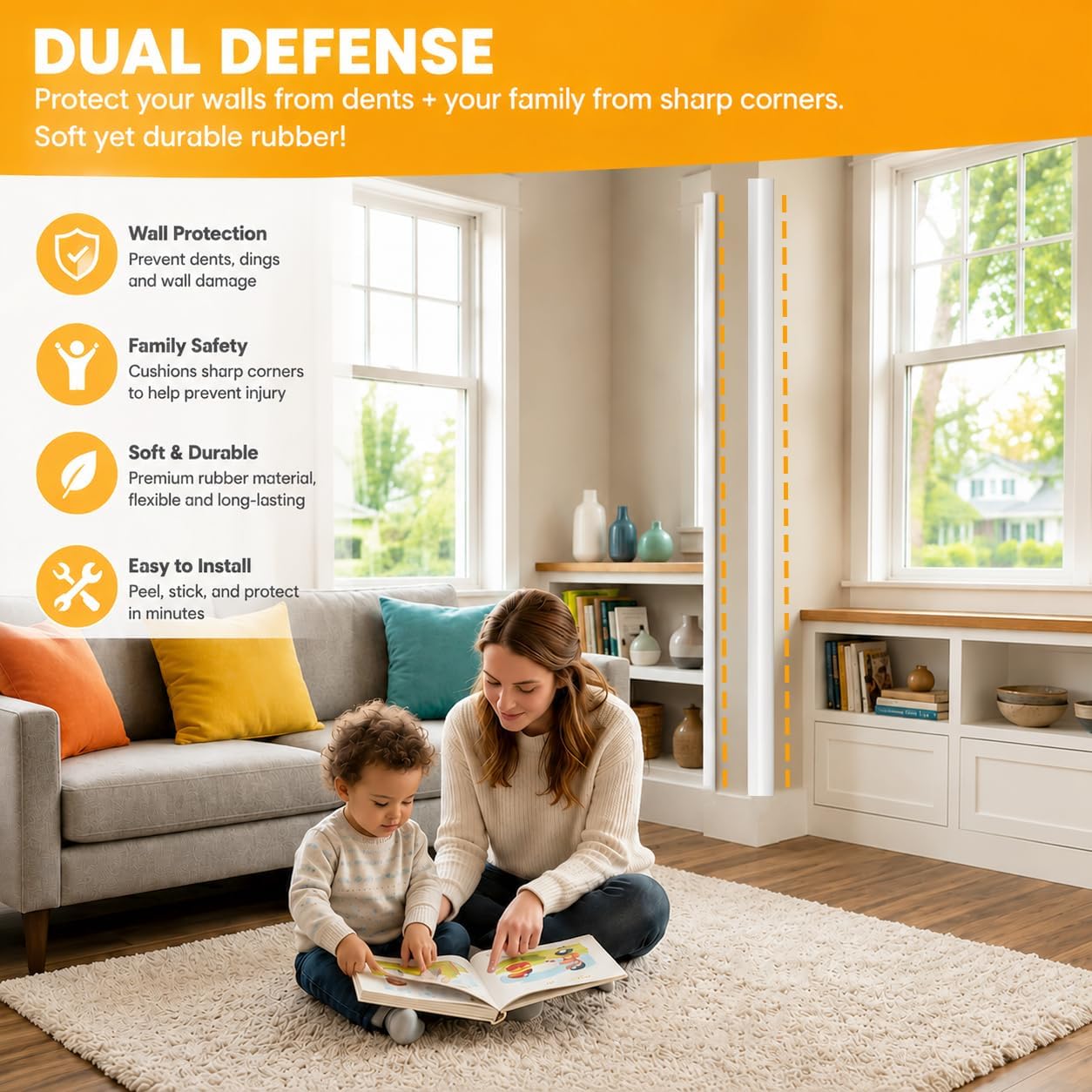 Wall Corner Protector Self-Adhesive Flexible – Durable Rubber, Furniture Edge Guard, Easy to Install, White, Prevents Wall Damage, Ideal for Home or Office Use