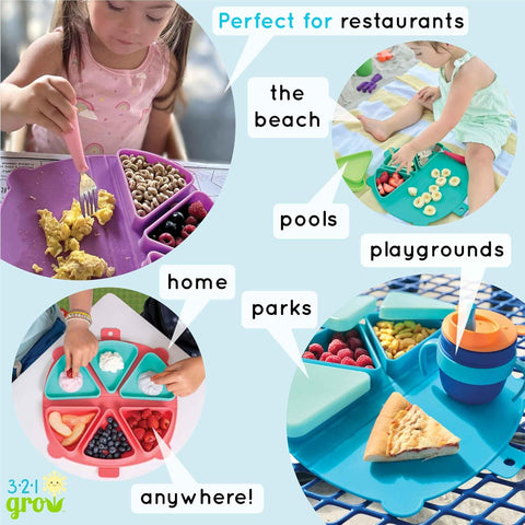 Silicone On-The-Go Snack Mat – Foldable Reusable Placemat with 3 Compartments and Lids – Travel-Friendly Baby and Toddler Snack Plate – Dishwasher Safe (Watermelon)