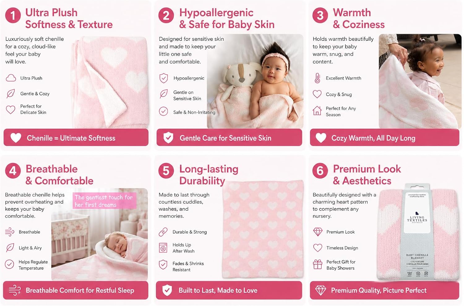 Living Textiles Pink Hearts Chenille Girl Baby Blanket Soft & Reversible