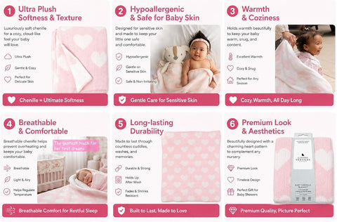 Living Textiles Pink Hearts Chenille Girl Baby Blanket Soft & Reversible