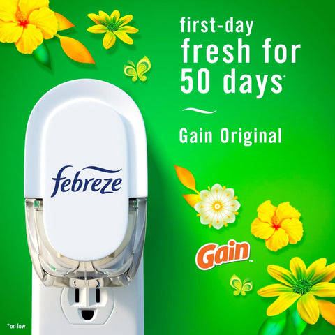 Febreze Plug In Air Freshener, Odor-Fighting Scented Oil Refill, For Home, Bathroom, & Kitchen, Long Lasting, Gain Moonlight Breeze and Gain Original Scents, 0.87oz Refills, 4 Count (2 of Each Scent)
