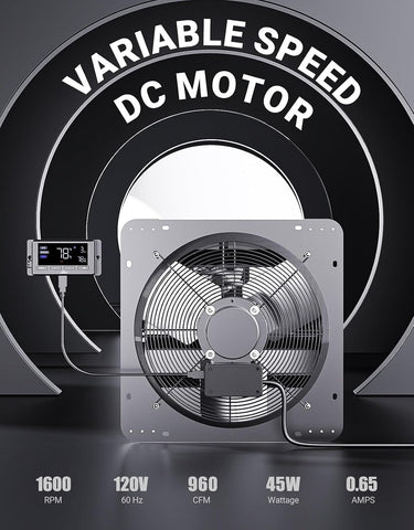 iLIVING 12" Wall Mounted Shutter Exhaust Fan, Automatic Shutter, Temperature and Humidity Controls with Variable Speed, 960 CFM at 1600 RPM DC Motor