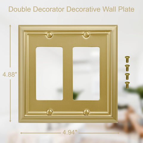 OKAWYC Double Decorator Light Switch Cover Adler Metal Wall Plate, 2-Pack Brushed Brass 2 Gang Double Rocker, for Receptacle Dimmer Switch GFCI Outlet Decorative Wallplate, Durable