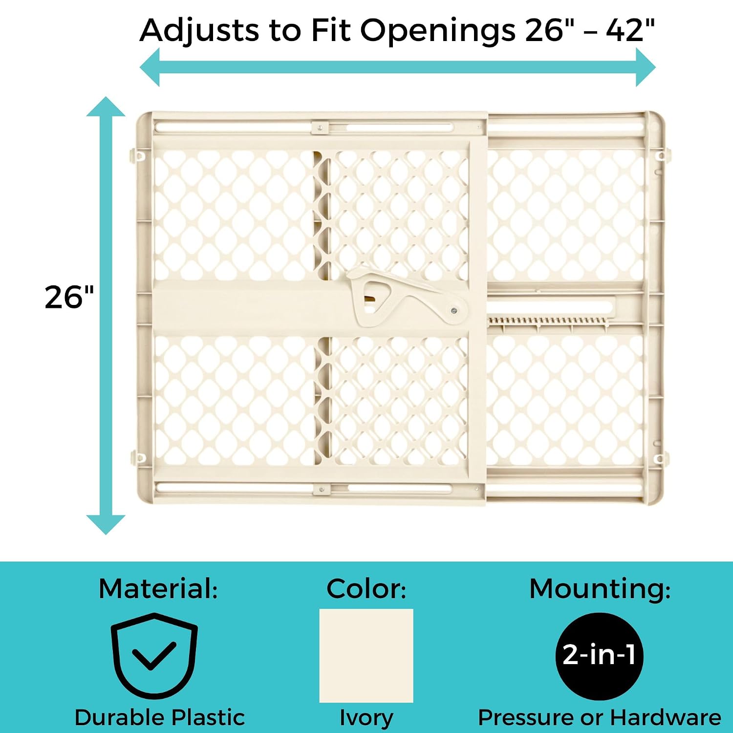 Toddleroo by North States - Supergate Ergo Baby Gate: Plastic Baby Gate for Stairs & Doorways - Adjustable Indoor Safety Gate - Made in USA - 26 to 42 Inches Wide - 26 Inches Tall - Ivory