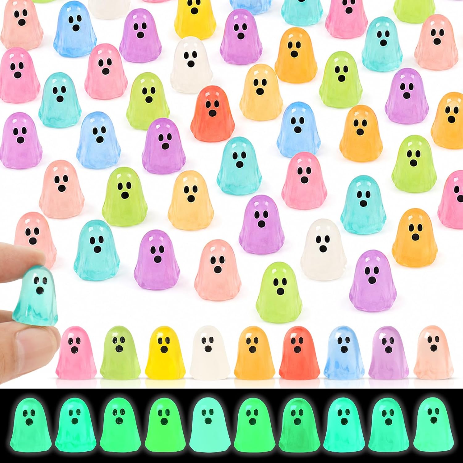 BuQiuRen 100Pcs Halloween Mini Ghosts Figures, Luminous Small Plastic Resin Ghost Figurines to Hide Glow in The Dark Tiny Statue for Halloween Party, Fairy Garden, Aquarium, Dollhouse Decor Crafts