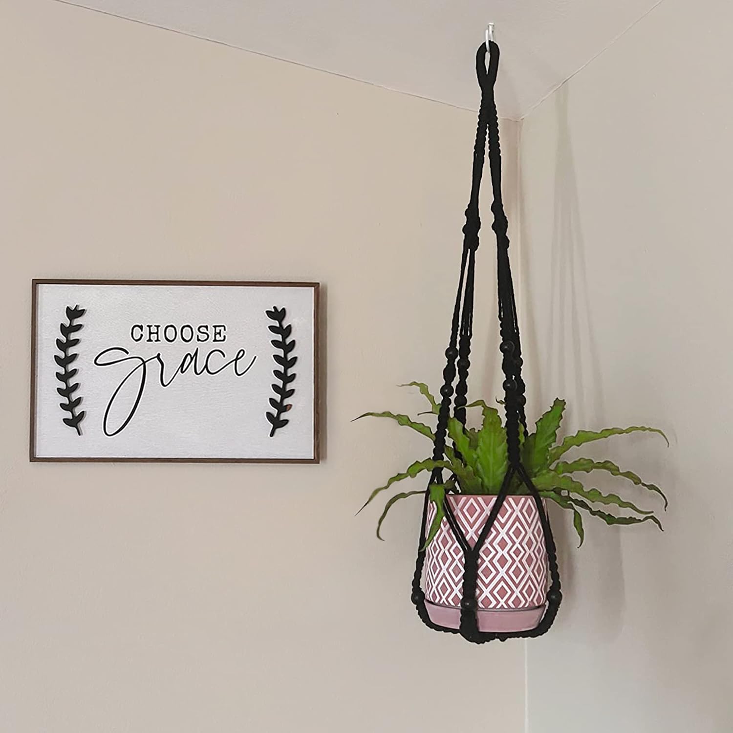 Mkono Macrame Plant Hanger Indoor 35 Inch Hanging Planter Basket Black 1Pc