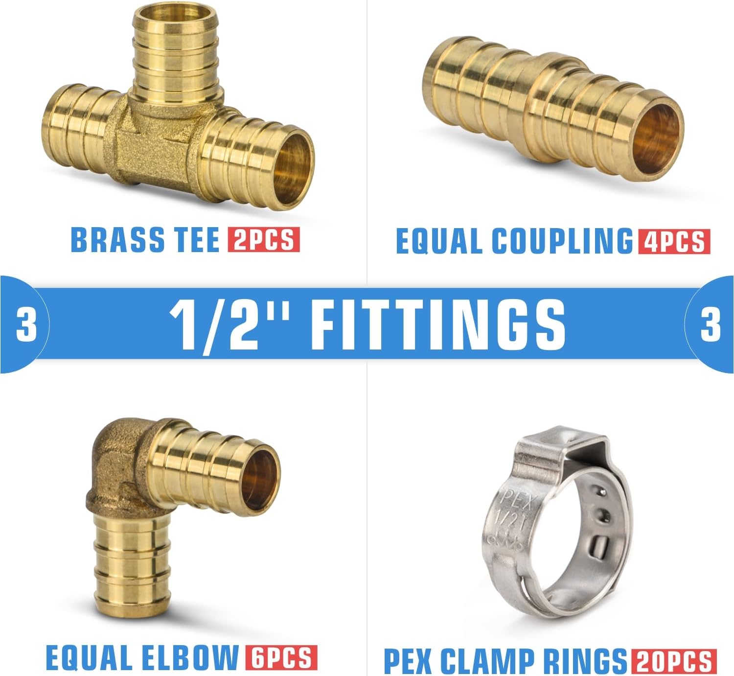 iCrimp PEX Clamp Tool PEX Fitting Kit for Cinch and Removal 3/8-in, 1/2-in, 3/4-in, 1-in PEX Clamps, c/w 1/2''(20 Pack) PEX Clamp Rings, Brass PEX Crimp Fittings(12 Pack), PEX Tubing Cutter