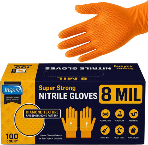 Inspire Heavy Duty Orange Nitrile Gloves | ULTRA 8 Mil Diamond Textured Grip | Industrial Mechanic Disposable Cleaning Gloves