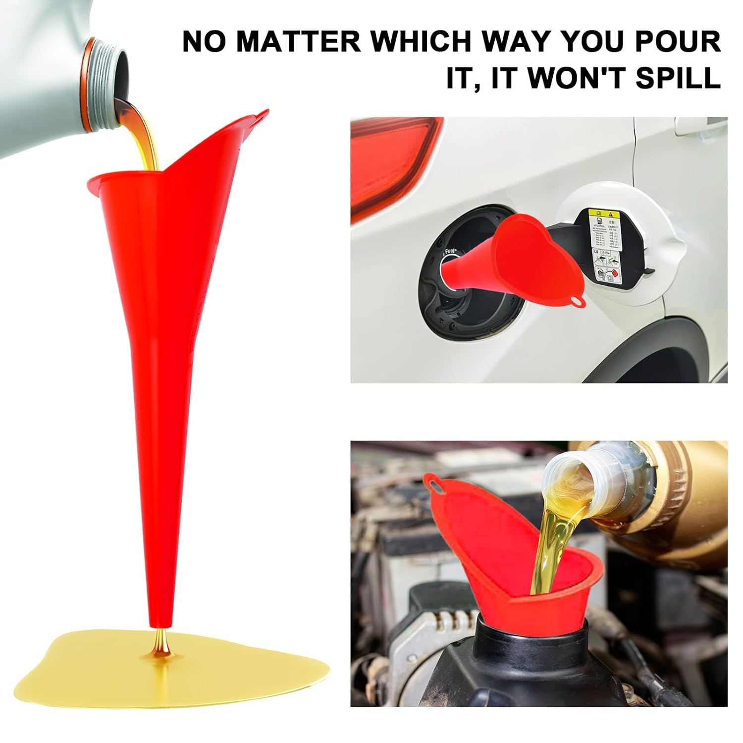 Long-Neck Oil Funnel for Automotive – Multi-Function Plastic Funnel for Oil, Gas & Lubricants – Universal Car Accessory (Red (2-Pack))