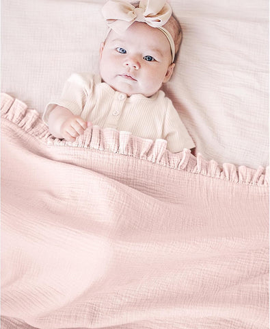 Konssy 100% Cotton Muslin Baby Blanket with Ruffle Trim for Girls, 43"x39"