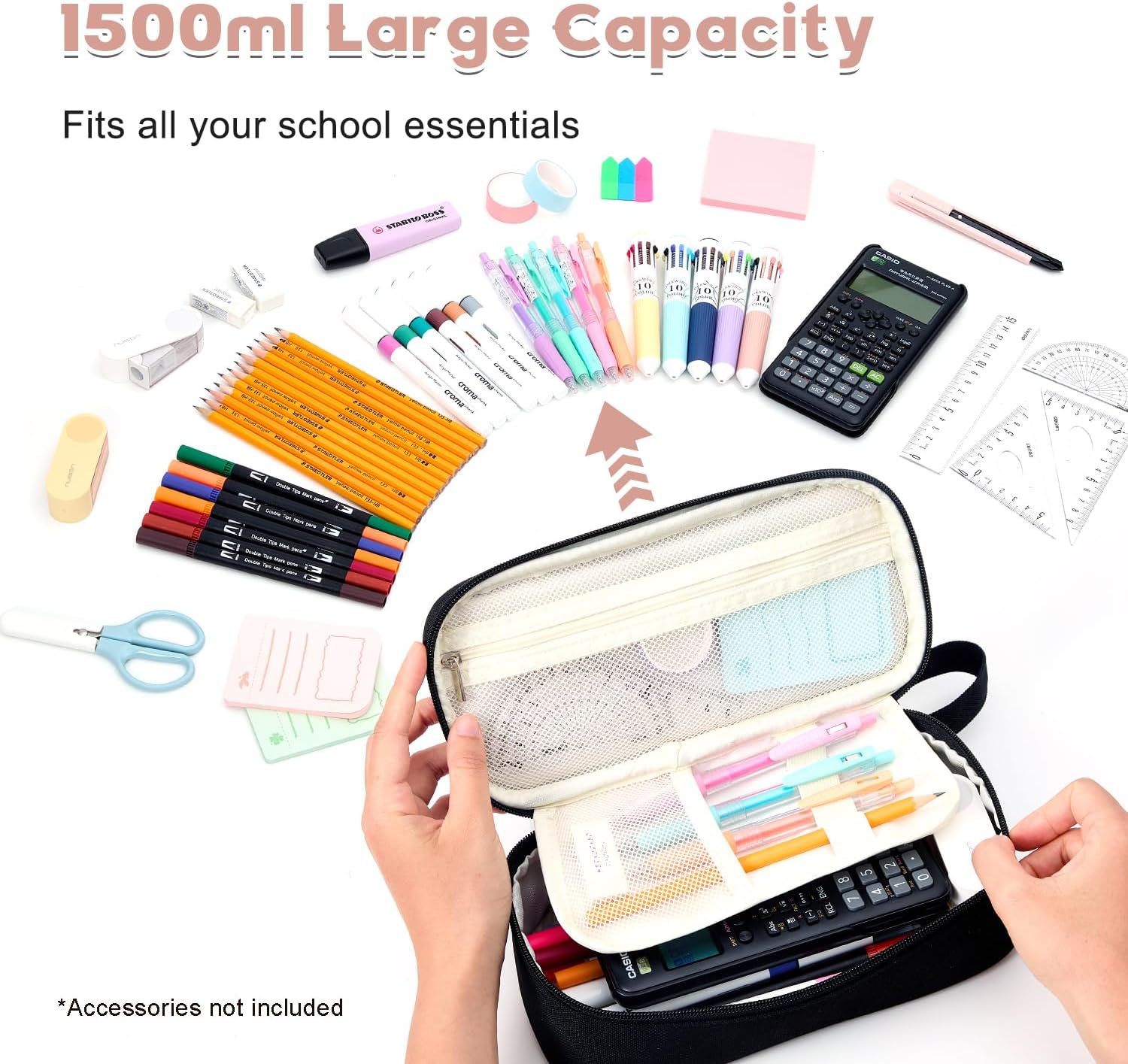 Pencil Case Pouch, Large Capacity Pen Bag Organizer, Cute Aesthetic Pencil Box for Girls Boys Kids, Back to School Supplies, Teacher Supplies Classroom Essentials, Black