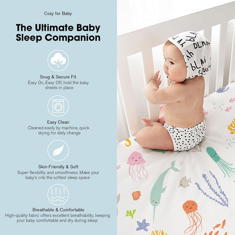 Bimocosy Pack and Play Sheets Fitted 4 Pack, 38 x 26 Inch Pack n Play Mini Crib Sheets for Boys and Girls, Soft Stretchy Playard Mattress Sheets for Graco Pack n Play, Ocean World