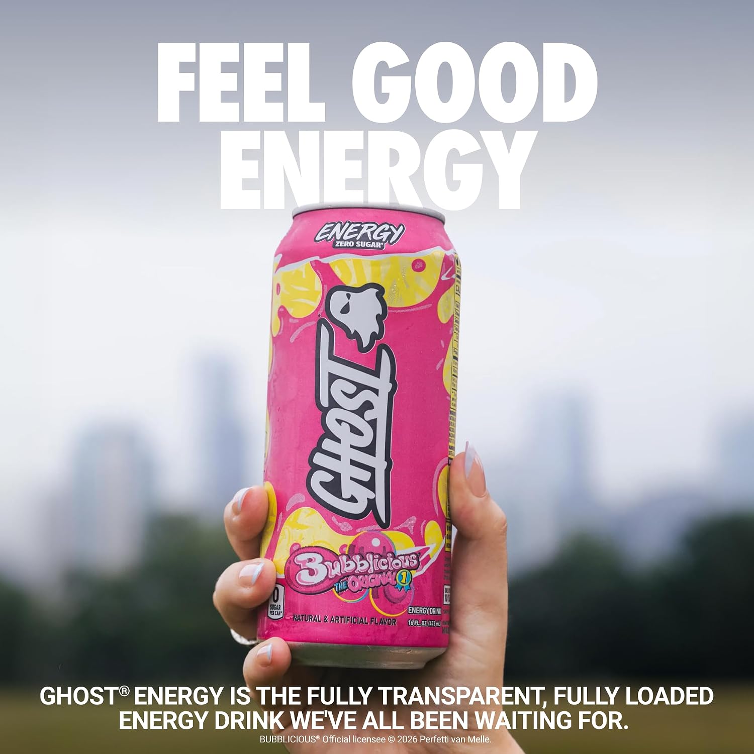 GHOST Energy Drink, Zero Sugars, 12-Pack, Bubblicious Original, 16oz