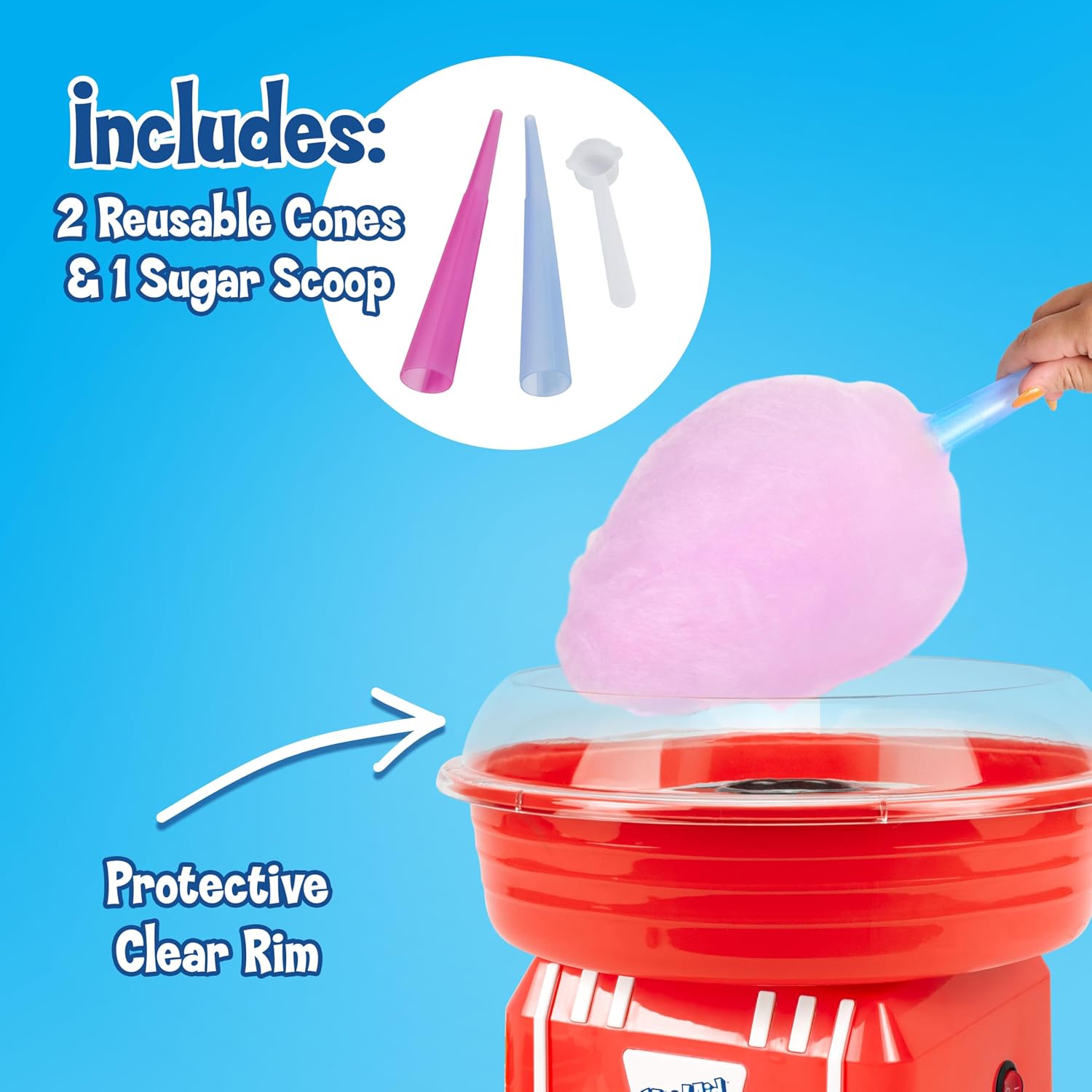 Kool-Aid Cotton Candy Machine - Fun Cotton Candy Machine for Kids with 2 Reusable Cones, 1 Sugar Scoop, and 1 Extractor Head – Red