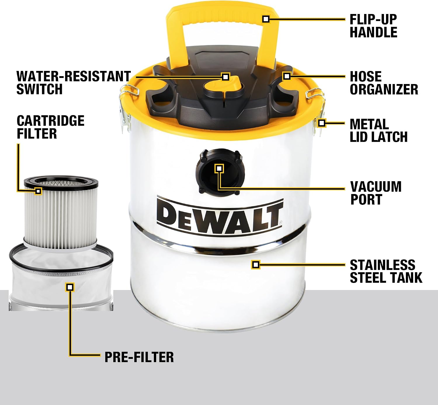 DEWALT 4 Gallon 4 HP Metal Ash Vacuum for Pellet Stoves, Fireplace DXV04A