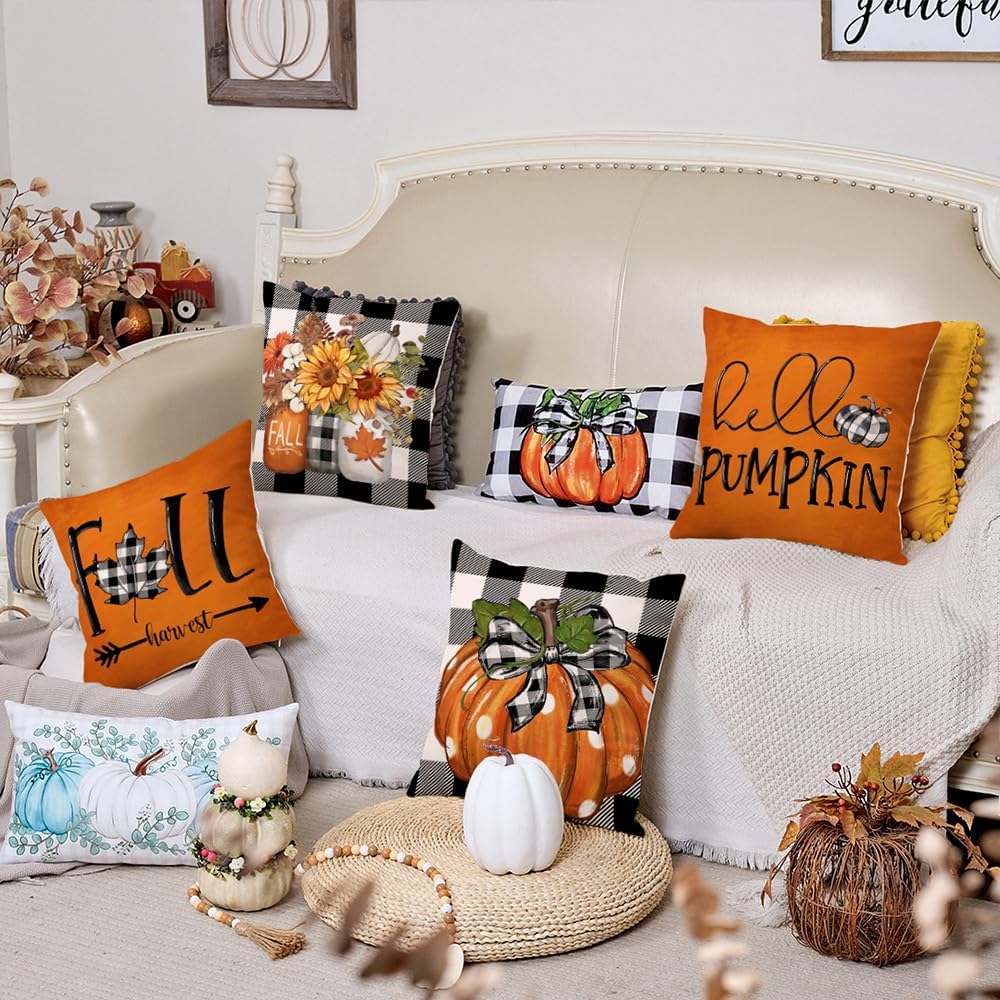 GEEORY Fall Hello Pumpkin Throw Pillow Covers 18x18 Inch Set of 4, Mason Jars Harvest Buffalo Plaid Autumn Decorative Farmhouse Holiday Cushion Cases for Home Decoration (Orange) G536-18