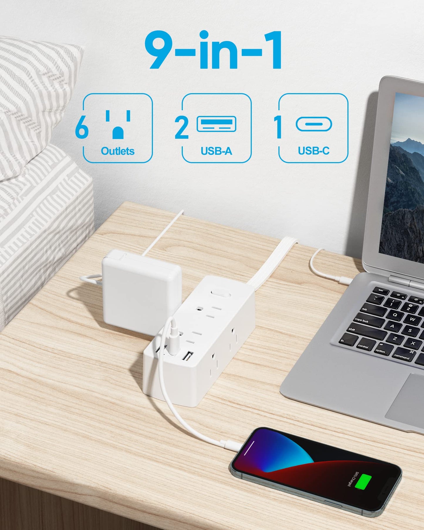 Flat Plug Power Strip, Olcorife Flat Extension Cord 5ft, 6 Outlets 3 USB Ports(1 USB C), 3-Side Outlet Extender Surge Protector for Home Office Travel Dorm Room Essentials, White