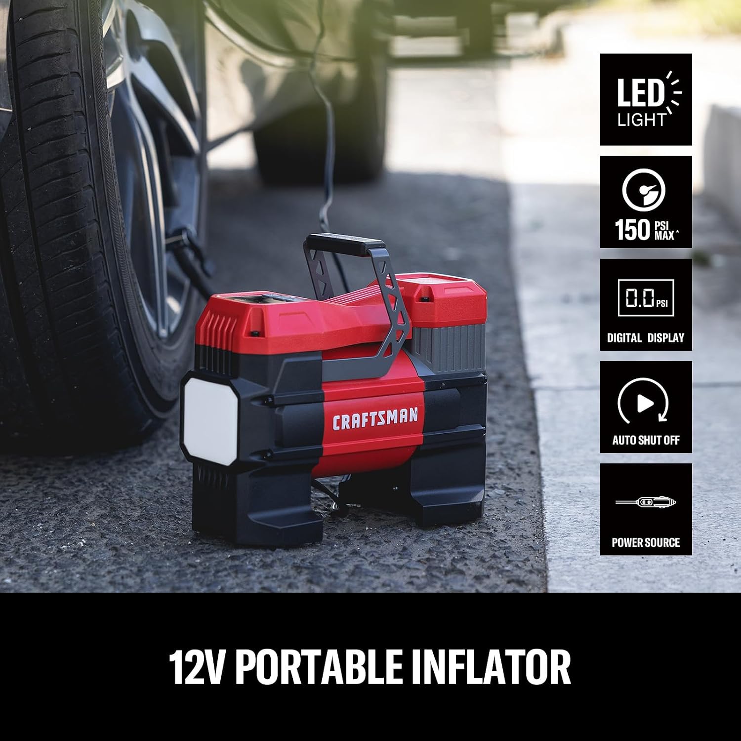 CRAFTSMAN Portable 12V Tire Inflator with Digital Gauge & Auto Shut-Off