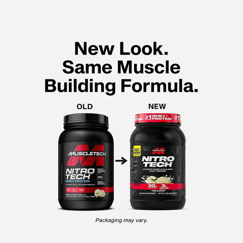 MuscleTech Whey Protein Powder (Vanilla Cream, 2.2LB) - 30g Protein | Nitro-Tech Ultimate Muscle Building Formula with Whey Protein Isolate - 3g of Creatine & 6.8g of BCAA - Packaging May Vary