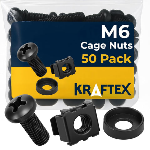 M6 Cage Nuts, Screws and Washers [Size: M6 x 16mm 50 Pack] Rack Mount Screws Hardware for use with Network and Server Rack Accessories, Routers, Cabinets and Enclosures.