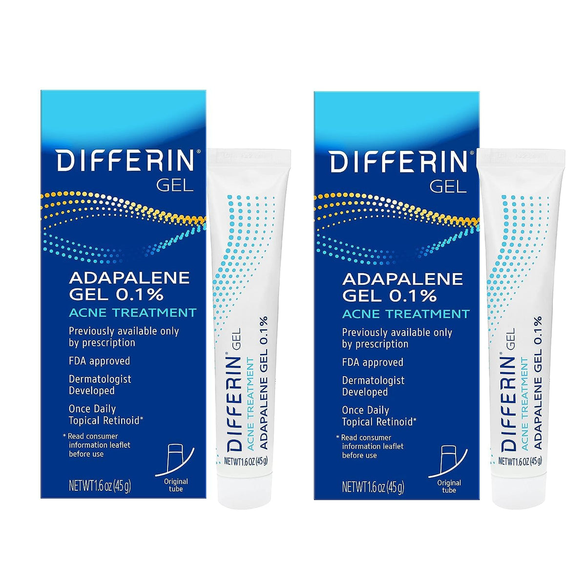 Differin Acne Treatment Gel, 180 Day Supply, Retinoid Treatment for Face with 0.1% Adapalene, Gentle Skin Care for Acne Prone Sensitive Skin, 45g Tube, Pack of 2 (Packaging May Vary)