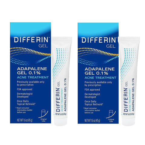 Differin Acne Treatment Gel, 180 Day Supply, Retinoid Treatment for Face with 0.1% Adapalene, Gentle Skin Care for Acne Prone Sensitive Skin, 45g Tube, Pack of 2 (Packaging May Vary)