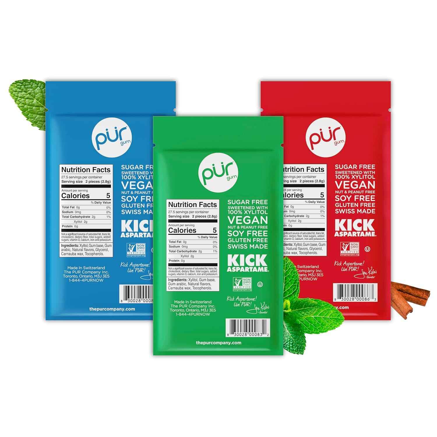 PUR Gum, Variety Pack, Xylitol Gum, No Artificial Flavor, 165 Count (3x55)