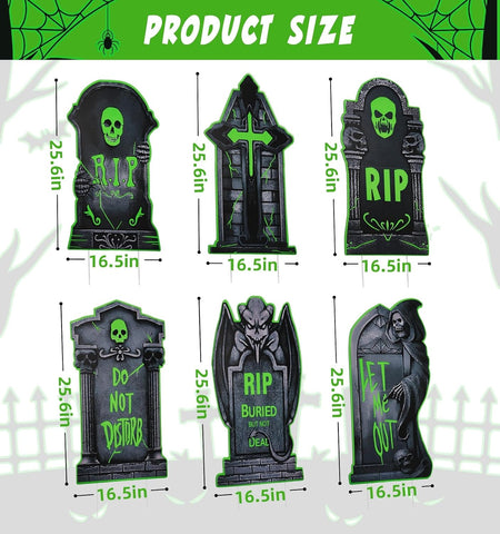 25.6" Halloween Tombstones Outdoor Decor,6-Pack Glow in The Dark