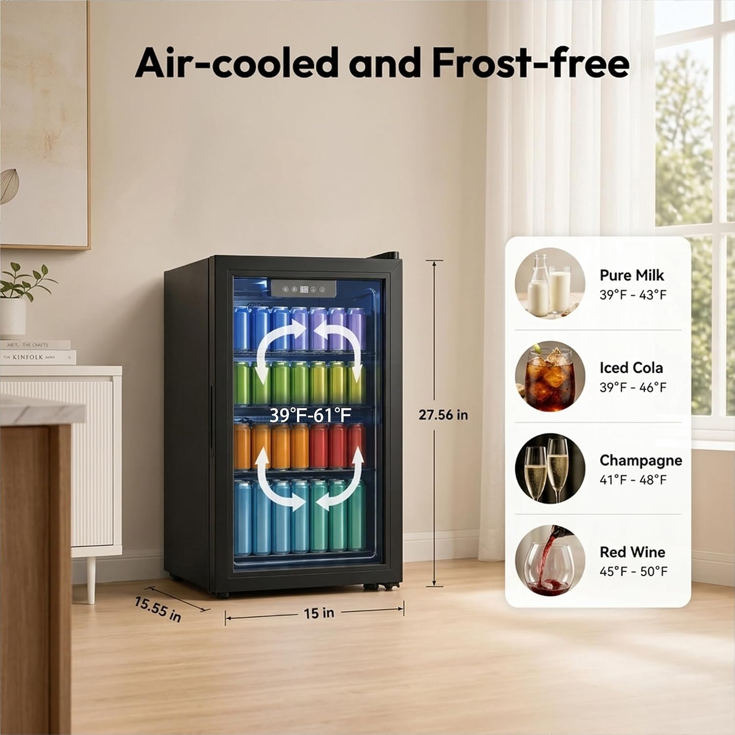 Dawmilon 3.2 Cu.Ft Beverage Refrigerator, 126 Can Beverage Cooler, Glass Door Drink Fridge, Mini Fridge with Digital Temperature Control and Air Cooling System for Beer Soda Wine Home Office Bar