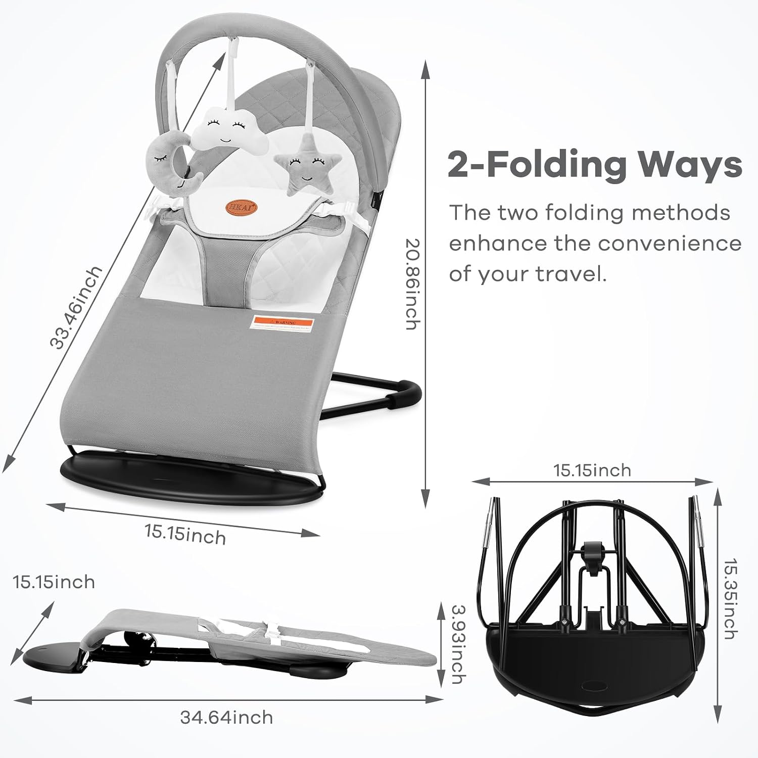 HKAI Baby Bouncer, Portable Baby Bouncer Seat for Babies 0-18 Months, 100% Cotton Fabrics, 3 Modes of use with Rocker and Stationary Options, Infant Rocker Chair with Hanging Toys-Light Grey