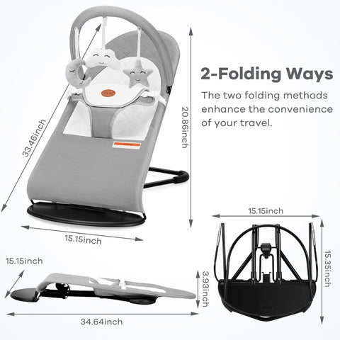 HKAI Baby Bouncer, Portable Baby Bouncer Seat for Babies 0-18 Months, 100% Cotton Fabrics, 3 Modes of use with Rocker and Stationary Options, Infant Rocker Chair with Hanging Toys-Light Grey