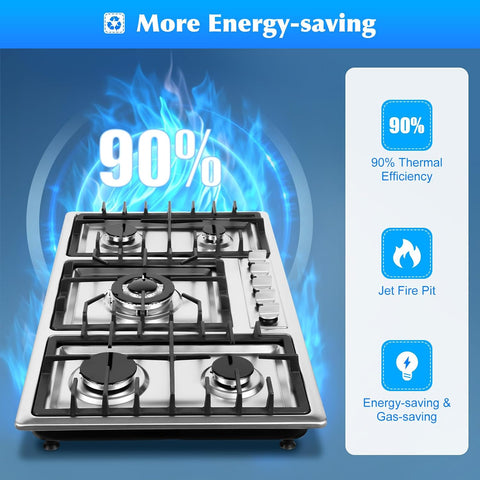 5 Burners Gas Cooktop, 34 inch Built-in Gas Stove Top Stainless Steel LPG/NG Countertop Hob Cooker for Home Hotel Restaurant