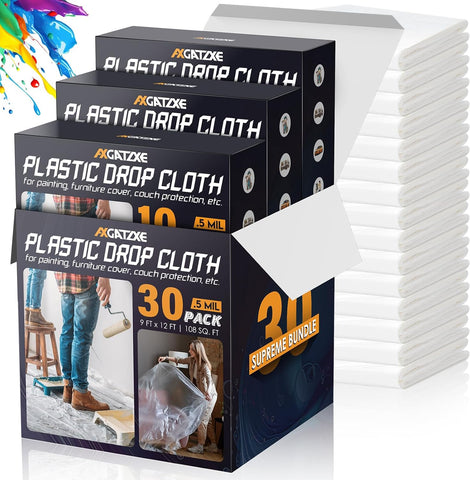 Axgatoxe 12 x 9 Ft Plastic Drop Cloths for Painting (30-Pack)