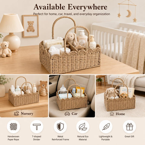Large Wicker Diaper Caddy Organizer, Scalloped Nursery Basket for Changing Table, Woven Rope Baby Holder with Removable Divider, Portable Organizer for Diapers Wipes Clothes Toys & Essentials (Brown)