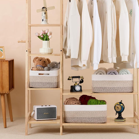 MiniArk Large Storage Baskets for Organizing, 17 x 13 x 7.5” Closet Shelf Baskets for Clothes Blanket Towels, Baby Nursery, Toy Bins Box, Woven Rope Basket, 3 Packs Gradient Brown