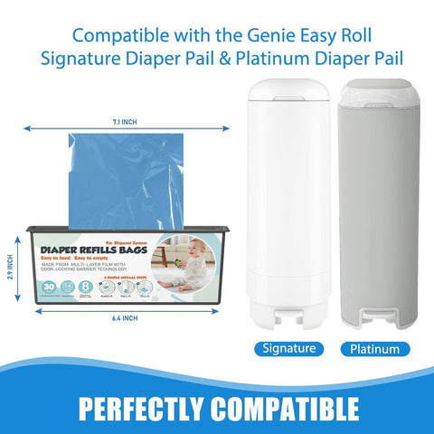 Diaper Pail Refills Bags with 30 Bags Compatible with Genie Easy Roll Signature and Platinum Diaper Pails, 7-Layer Odor-Barrier Technology, 2 Pack (60 Bags)