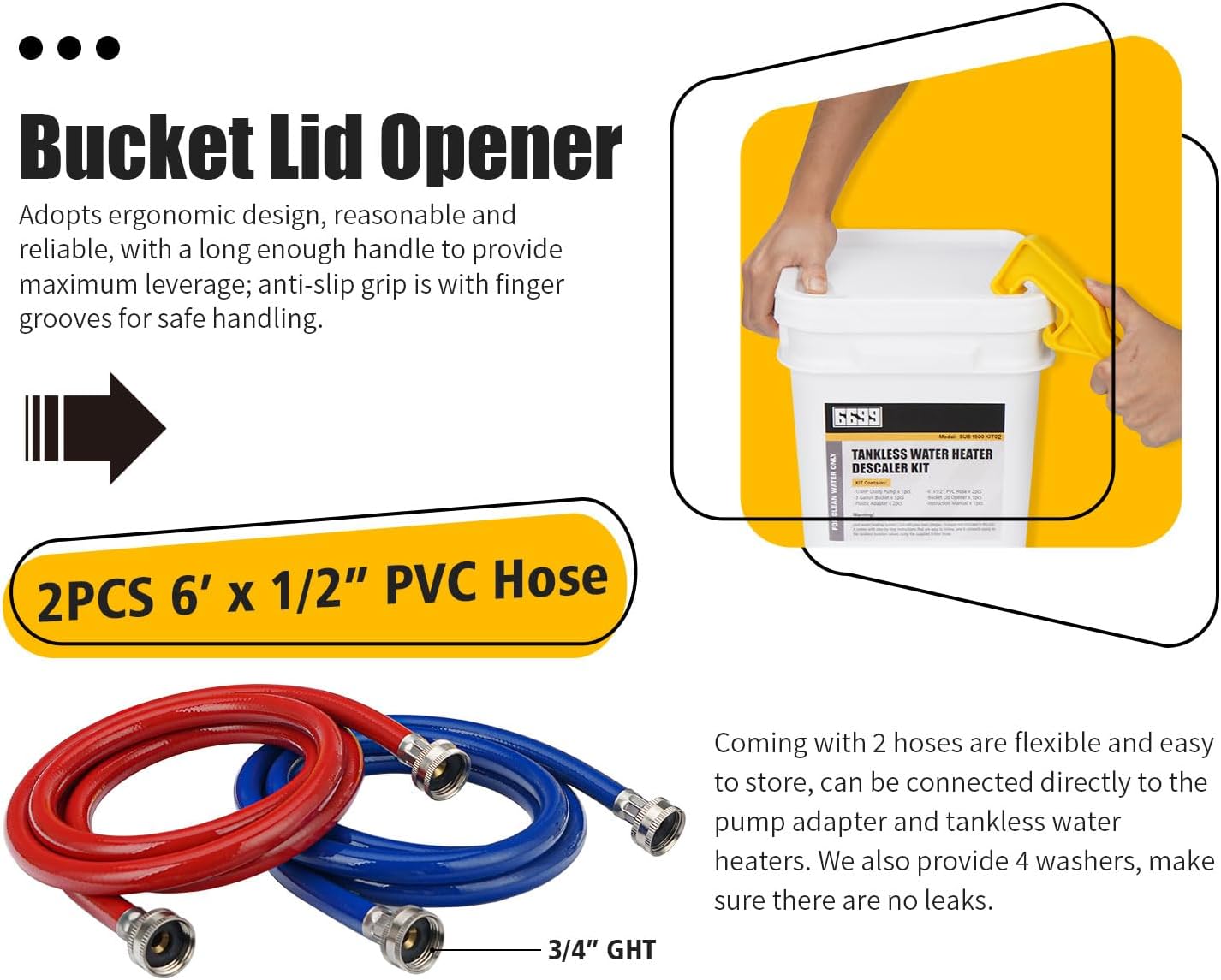 Tankless Water Heater Flushing Kit, 1/6 HP Pump, 2 Hoses, 3 Gal Pail