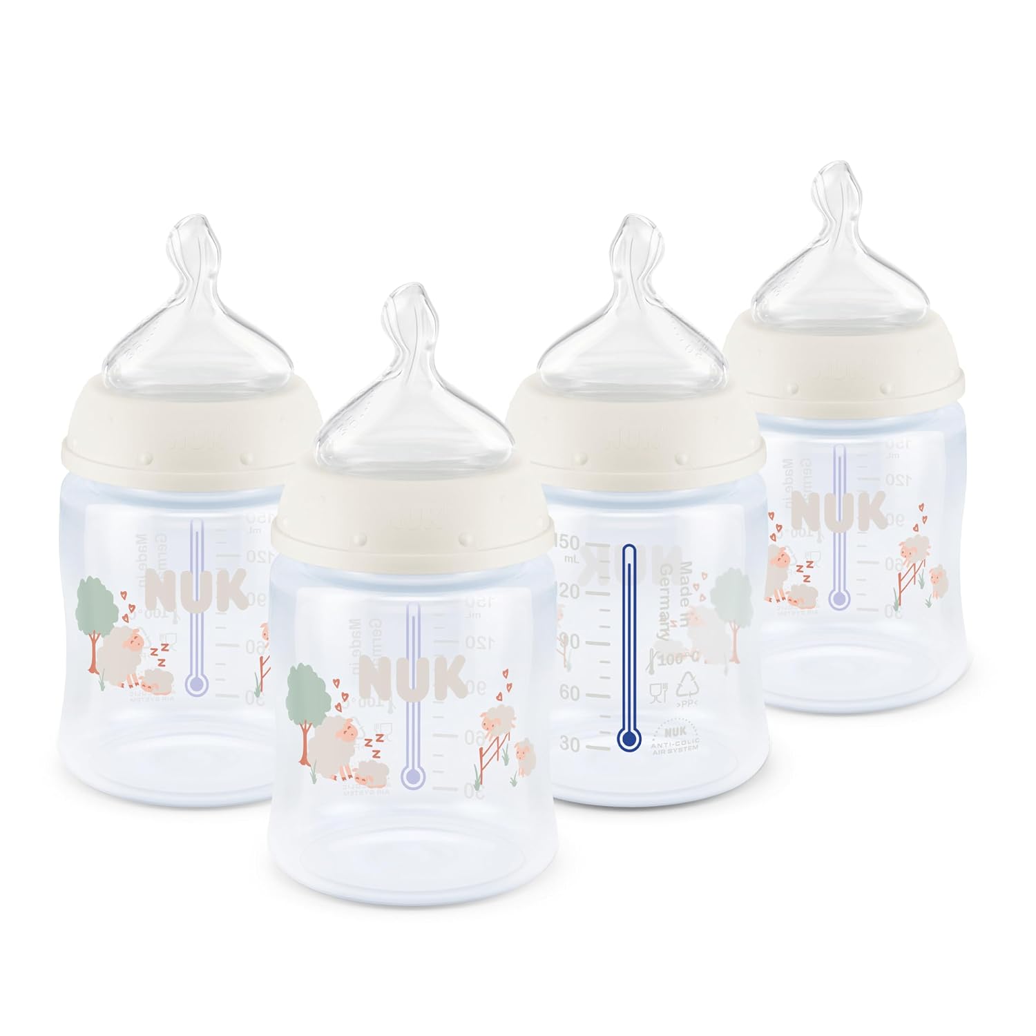 NUK First Choice Smooth Flow Anti-Colic Bottle, Peach, 5 oz. Baby Bottle with SafeTemp Temperature Indicator, Newborn Essentials, 4-Pack