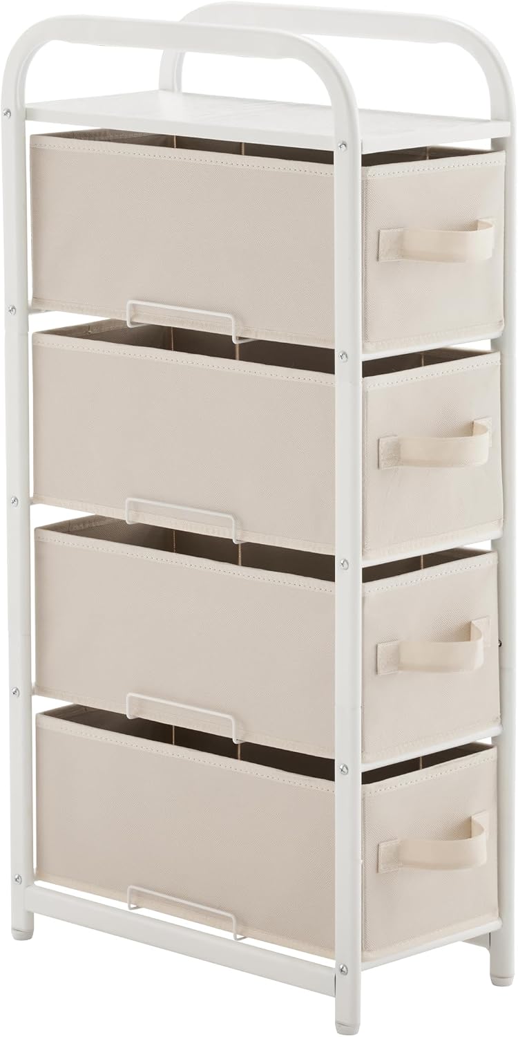 MAX Houser 4 Drawer Narrow Dresser Fabric Storage Tower Vertical Slim Storage Chest Organizer Nightstand Side/End Table Small Standing Organizer Removable Drawers Wood Top for Bedroom, Bathroom(Beige)