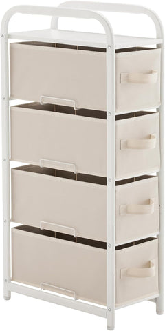 MAX Houser 4 Drawer Narrow Dresser Fabric Storage Tower Vertical Slim Storage Chest Organizer Nightstand Side/End Table Small Standing Organizer Removable Drawers Wood Top for Bedroom, Bathroom(Beige)